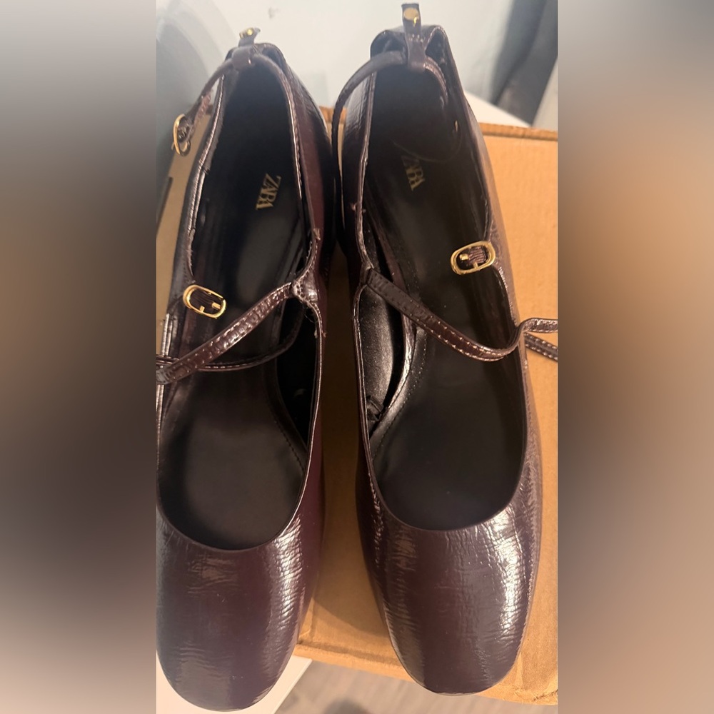Zara (39) SZ 8.5, burgundy square toe strappy block heel mary jane’s.